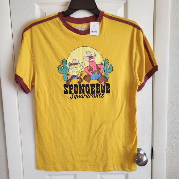 SpongeBob SquarePants Yellow & Brown Graphic Ringer Tee Shirt Cowboy Size S NWT - Picture 1 of 7
